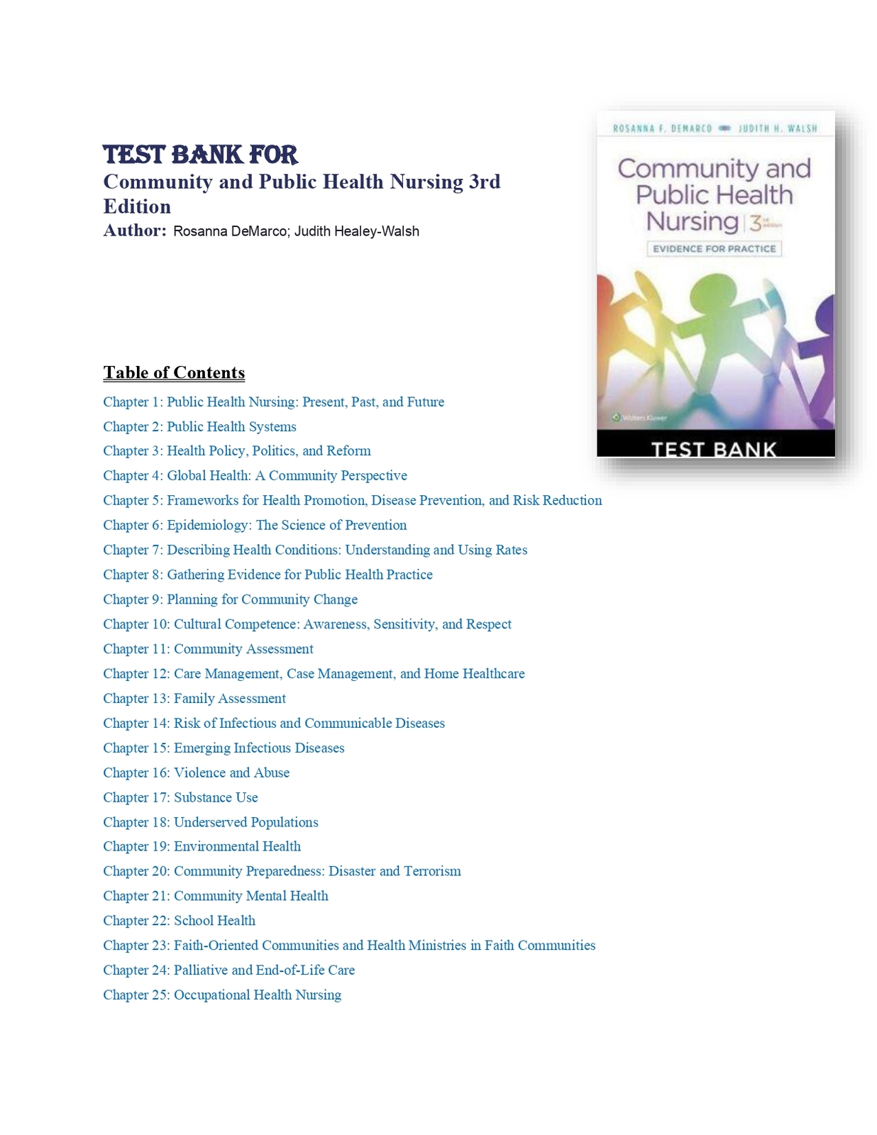 Test Bank for Community and Public Health Nursing 3rd Edition Rosanna De... - $17.99
