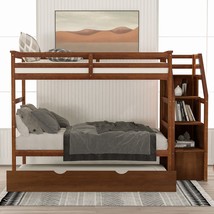 Twin-Over-Twin Bunk Bed with Twin Size Trundle and 3 Storage Stairs,Walnut - £542.75 GBP
