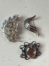 Lot of Silvertone Swirl Feather w Rhinestone Accents &amp; Large Mirrored Oval Cab - £9.83 GBP