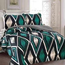Geometric Green Color Blanket With Sherpa Softy Thick &amp; Warm 3 Pcs King - £55.38 GBP