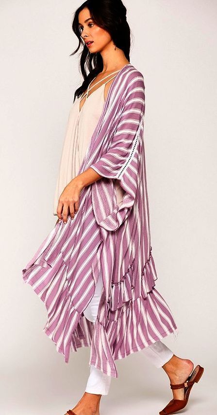 New Gigio M L Lilac Cream Moroccan Stripe Kimono Sleeve Jacket Coverup C... - $24.00