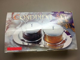 New Condiment Set Tray Two Glass Covered Cups with Spoons New In Box - $27.61