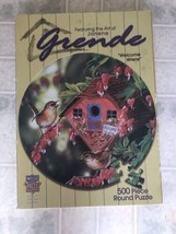 Welcome Wrens Red Bird House Round Jigsaw Puzzle 19.5 inch 500 pc Janene Grende - £21.53 GBP