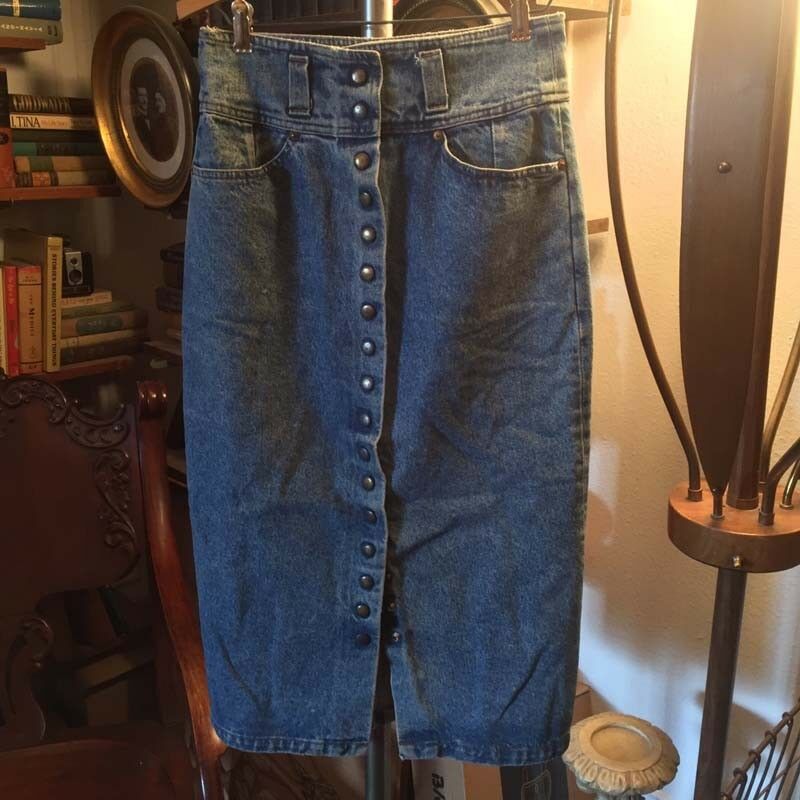 Sexy Denim 1980s Skirt French Et Vous Vintage Snaps Slit Opens Up size 3... - $39.60
