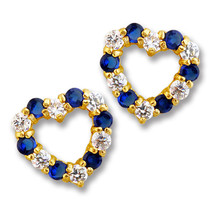 1CT Heart 14K Yellow Gold Blue Sapphire W/ White Sapphire Screw Stud Ear... - $75.73