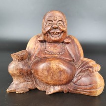 Tanami Sitting Happy Laughing Buddha Statue Figurine Brown Wooden Hand C... - $23.94