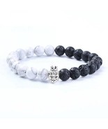 Ying and Yang Stretch Bracelet / White Marble &amp; Black Lava Stone, 8mm Beads - $6.99