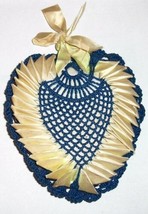 Vintage Navy Blue &amp;Yellow Ribbonwork Crocheted Heart Large Pin Cushion - £7.98 GBP