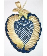 Vintage Navy Blue &amp;Yellow Ribbonwork CROCHETED HEART LARGE PIN CUSHION  - $190.17 MXN