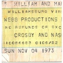 Vintage David Crosby Et Graham Nash Ticket Stub Novembre 4 1973 Williams... - £59.76 GBP