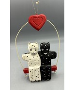 Hand Painted Black White Polka Dot Cat Couple Hanging Swing Heart Wood - $13.83