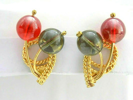 Vintage Gold Tone Red Grey Translucent Lucite Beaded Sphere Orb Clip Ear... - £10.11 GBP