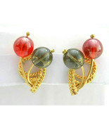 Vintage Gold Tone Red Grey Translucent Lucite Beaded Sphere Orb Clip Ear... - £10.16 GBP