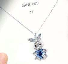Stainless Steel Necklace + Elegant Blue Heart Crystal Rabbit Pendant - 18&quot; - £10.21 GBP