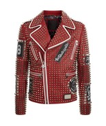 New PHILIPP PLEIN Red Full Studded Embroidery Patches Leather jacket Bik... - $478.68 CAD