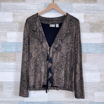 Chicos Travelers Ruffle 1 Button Cardigan Black Tan Paisley VTG Womens 0 Small - $29.69