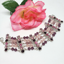 BELLE PARIS Silver Tone Pink Purple Rhinestone Crystal Bead Bracelet - £13.18 GBP