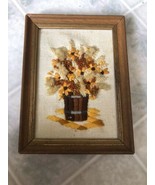 Vintage Hand Crewelling Flowers in pot On Linen Wood Frame 8 X 6 orange ... - $24.73