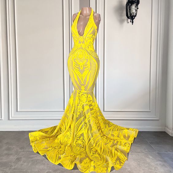Primary image for Halter Prom Dresses 2024 Yellow Lace Applique Cheap Formal Occasion Dresses 2025