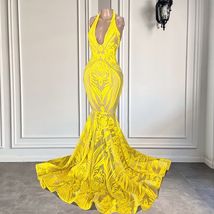 Halter Prom Dresses 2024 Yellow Lace Applique Cheap Formal Occasion Dres... - $179.00
