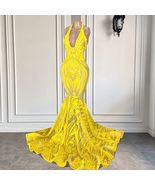 Halter Prom Dresses 2024 Yellow Lace Applique Cheap Formal Occasion Dres... - £141.85 GBP