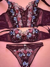 Victoria&#39;s Secret 34D Bra Set+Corset Top Maroon Kir Blue Pink Floral Embroidered - £94.95 GBP