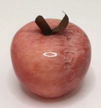 Small Polished Stone Marble Red/Pink Apple Brass Stem and Leaf 2&quot;x2&quot; Vtg - £9.32 GBP
