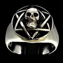 Sterling silver Occult ring Skull and Hexagram Star on Black enamel dome high po - £101.93 GBP