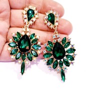 Bridesmaid Drop Earrings, Green Chandelier Earrings, Rhinestone Austrian Crystal - £30.77 GBP