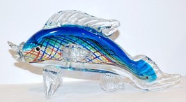 Lovely Murano Style Art Glass Blue MULTI-COLORED Striped 10 1/2&quot; Fish Sculpture - £59.18 GBP