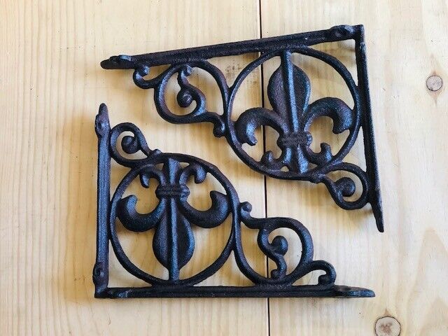 2 Cast Iron Shelf Brackets Fleur De Lis French Bookshelf Corbels Book Wa... - $23.99