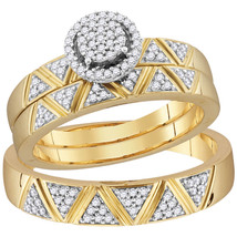 10k Yellow Gold Diamond Cluster His Hers Matching Trio Wedding Ring Band Set 1/3 - $649.00