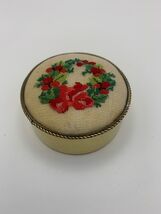 Cute Cross Stitch Wreath Pin Cushion Trinket Box 2" Diameter - $7.50