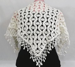 Handmade shawl. Openwork, white crochet shawl with knitted brooches. WT-3 - $60.00