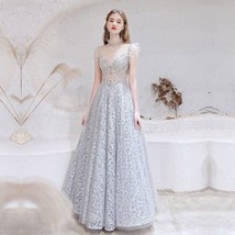 Beautiful Silver Grey Luxury Dubai Evening Dresses Long Sleeve O-Neck A-Line Sex - £360.43 GBP