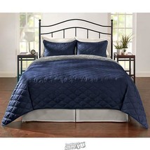 Stoneberry-Reversible Quilt Set Navy/Grey King 75X80 Machine Washable - £33.77 GBP