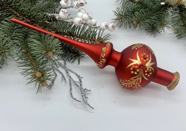 Red Christmas glass tree topper with gold glitter,  Christmas finial - $25.88