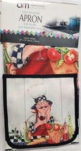Fabric Printed Kitchen Apron with Pocket, 24&quot;x32&quot;, FAT CHEF WITH WINE GL... - £11.64 GBP