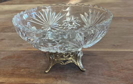 Vintage Brass Footed Crystal Etched Bowl 4” Tall 7” Diameter - $46.40