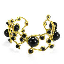 Open Swirls of Black Onyx Stone and Brass Adjustable Cuff Bracelet - £15.56 GBP