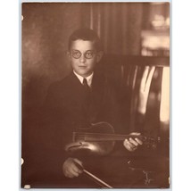 Vintage Boy Portrait Holding Violin and Bow Glasses Suit Tie 8x10in Sepi... - $39.95