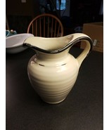 beautiful 7&quot; glazed pottery stoneware pitcher, white and black, ribbed s... - $19.60