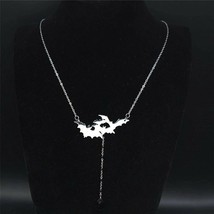 Gothic Bat Y Necklace Womens Silver Stainless Steel Vampire Dracula Goth Pendant - £14.37 GBP