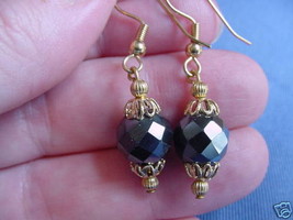 (EE-371) Round faceted Black hematite bead gold wire dangle pair of EARRINGS - £7.58 GBP