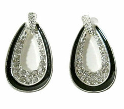 Shofel Brothers Earrings SHB Sparkling Rhinestone &amp; Black Enamel Open Teardrop - £14.05 GBP