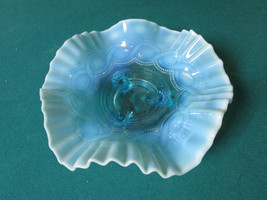 Blue Opalescent Ruffled Border Bowl Cordon Decor Footed 3 X 8&quot; Beauty - £58.66 GBP