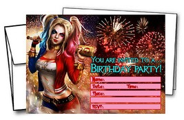 12 Harley Quinn Birthday Invitation Cards (12 White Envelops Included) #1 - £14.18 GBP