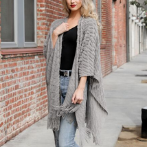 Grey Soft Diagonal Knit Fringe Trim Ruana Wrap Shawl - £23.00 GBP