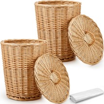 2 Pieces Wicker Trash Can With Lid Rattan Waste Basket Woven Trash Can With 100  - £68.01 GBP