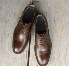 Handmade Men&#39;s Dark Brown Cap Toe Leather Lace Up Dress Shoes, Men Designer Shoe - £114.66 GBP